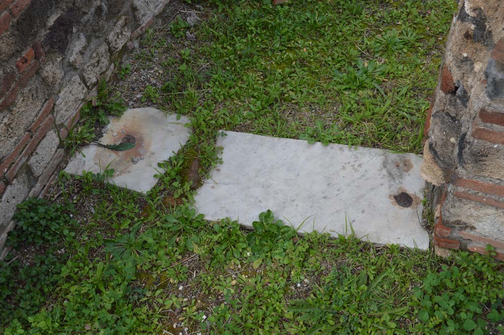 IX.5.14 Pompeii. March 2018. Room “m”, detail of threshold in north wall leading into atrium.
Foto Taylor Lauritsen, ERC Grant 681269 DÉCOR.
