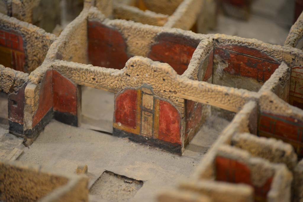 IX.5.14 Pompeii. July 2017. 
Looking towards north wall of atrium, with doorways into rooms l (L), on left, triclinium f, centre left, and north ala e, centre right. 
From cork model in Naples Archaeological Museum.
Foto Annette Haug, ERC Grant 681269 DÉCOR