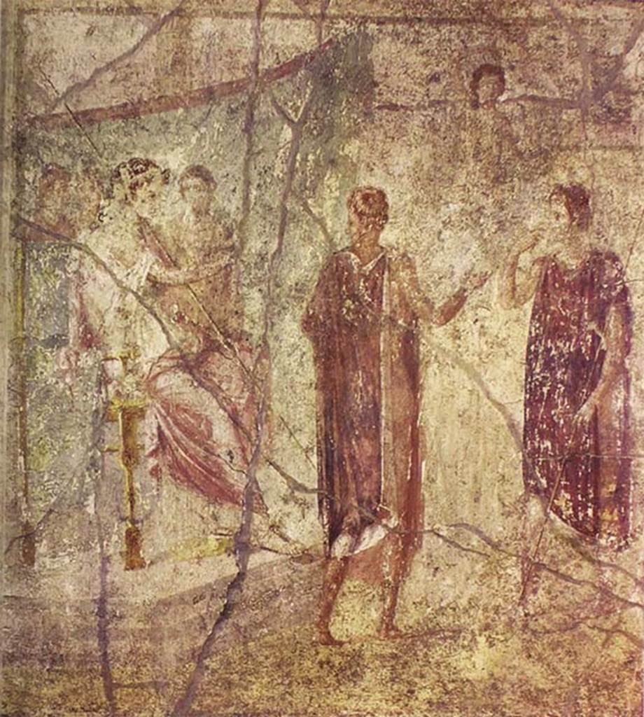IX.5.14 Pompeii. Room “f”, centre of north wall of triclinium. Painting of two men before a seated queen.
According to PPM this is of uncertain identification.
More recently it has been suggested that it may be Dido receiving Aeneas for the first time.
Now in Naples Archaeological Museum. Inventory number 111480.
See Strocka V. M., 2006. Aeneas, not Alexander: Jahrbuch des Deutschen Archäologischen Instituts, Volume 121, p. 302, abb. 19.
See Carratelli, G. P., 1990-2003. Pompei: Pitture e Mosaici.  Roma: Istituto della enciclopedia italiana, Vol. IX, p. 623.