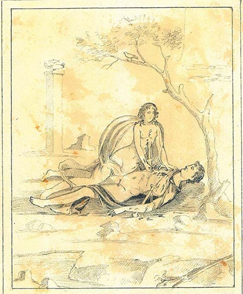 IX.5.14 Pompeii. Room “f”, centre of south wall of triclinium. Copy by Discanno of painting of Pyramus and Thisbe. DAIR 83.262. Photo © Deutsches Archäologisches Institut, Abteilung Rom, Arkiv. See http://arachne.uni-koeln.de/item/marbilder/5343162
