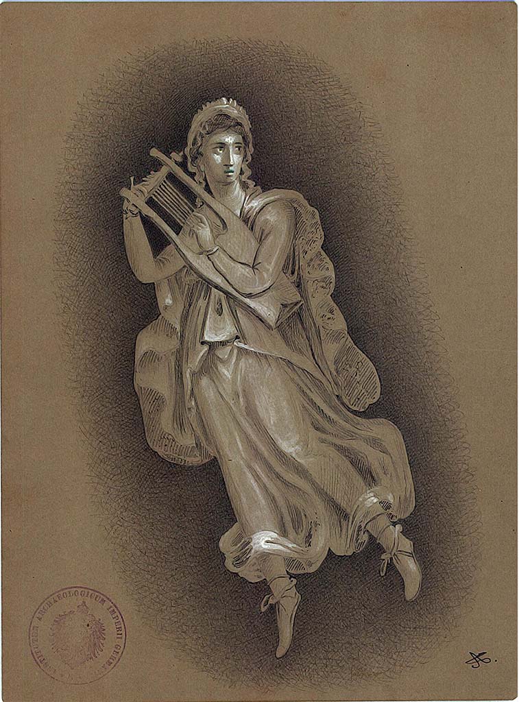 IX.5.14 Pompeii. 1879. Room “f”, triclinium. Painting by A. Sikkard of Terpsichore with lyre, from side panel. 
DAIR 83.268. Photo © Deutsches Archäologisches Institut, Abteilung Rom, Arkiv.