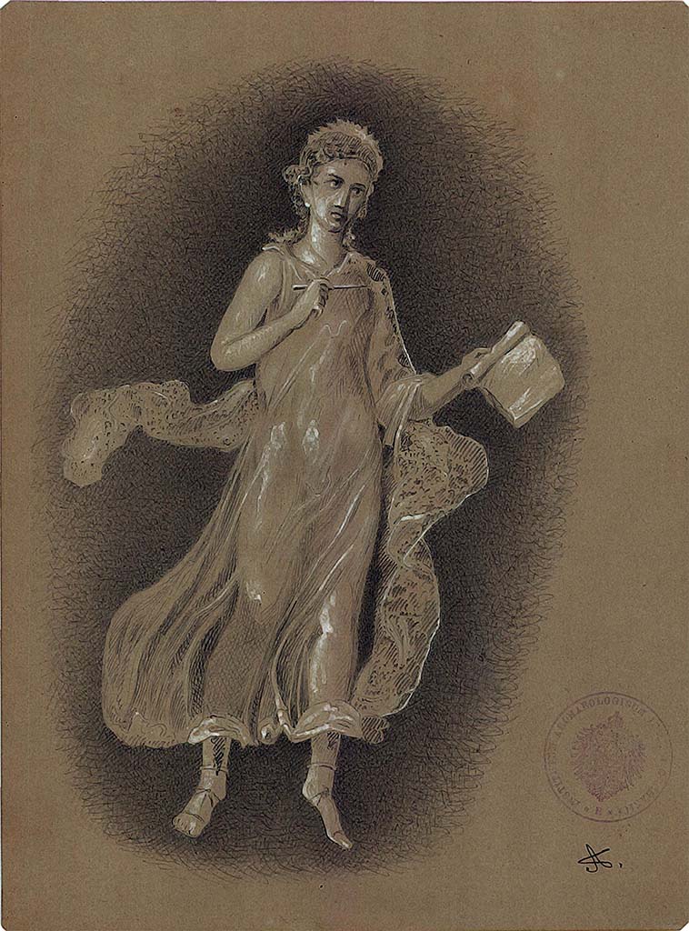 IX.5.14 Pompeii. Room “f”, triclinium. 1879 copy by A. Sikkard of painting of the muse Clio with pen and scroll.
In the painted original, the scroll of this Muse was inscribed “Melpomene ex Musis una”.
This led to it being identified by Sogliano as “once again Melpomene”, making it the second of that muse in the same room.
Horst Blanck, in Italienische Reise, identified it as Clio, commenting that the inscription was “a sign that the ancients too had difficulty with the identification of individual muses”. 
See Catalogue, 1989. Italienische Reise: Pompejanische Bilder in den deutschen archäologischen Sammlungen. Napoli: Bibliopolis, p. 336, p. 347 no. 116.
DAIR 83.270. Photo © Deutsches Archäologisches Institut, Abteilung Rom, Arkiv.