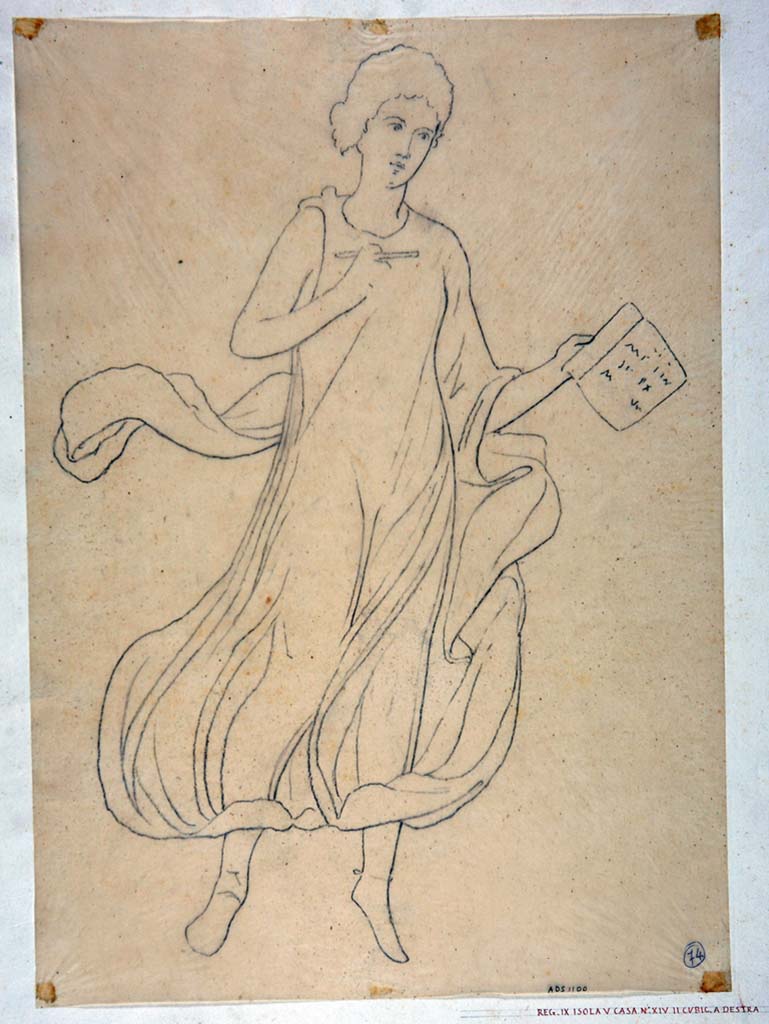 IX.5.14 Pompeii. Room “f”, triclinium. Drawing by Geremia Discanno of Muse Clio (or Melpomene), all traces of IV style decoration from the triclinium have faded.
Now in Naples Archaeological Museum. Inventory number ADS 1100.
Photo © ICCD. http://www.catalogo.beniculturali.it
Utilizzabili alle condizioni della licenza Attribuzione - Non commerciale - Condividi allo stesso modo 2.5 Italia (CC BY-NC-SA 2.5 IT)