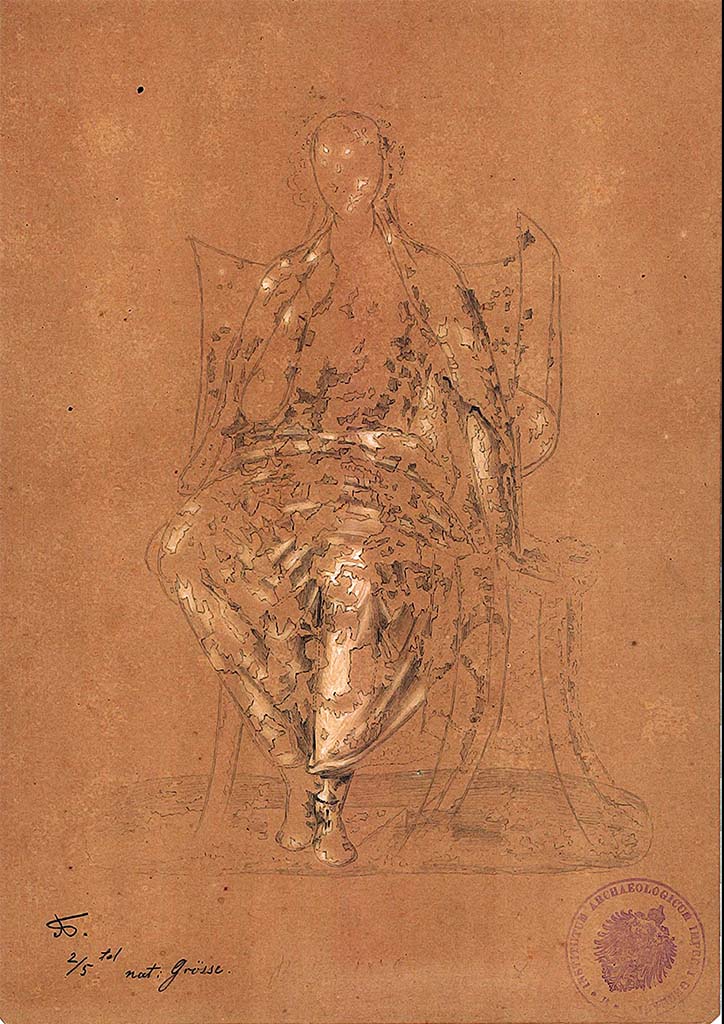 IX.5.14 Pompeii. 1879. Room “f”, triclinium. Painting by A. Sikkard of seated character on a throne. 
DAIR 83.264. Photo © Deutsches Archäologisches Institut, Abteilung Rom, Arkiv.