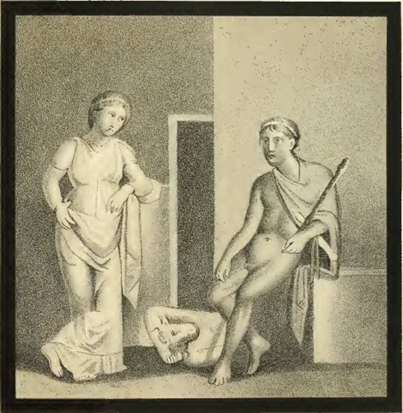 IX.5.14 Pompeii. 1881. Room “e”, east wall, copy by Discanno of wall painting of Theseus and Ariadne with the Minotaur.
Found on the east wall of the ala “e”, on the north side of the atrium.
See Presuhn E., 1882. Pompeji: Die Neuesten Ausgrabungen von 1874 bis 1881. Leipzig: Weigel. (VIII, Plate V).