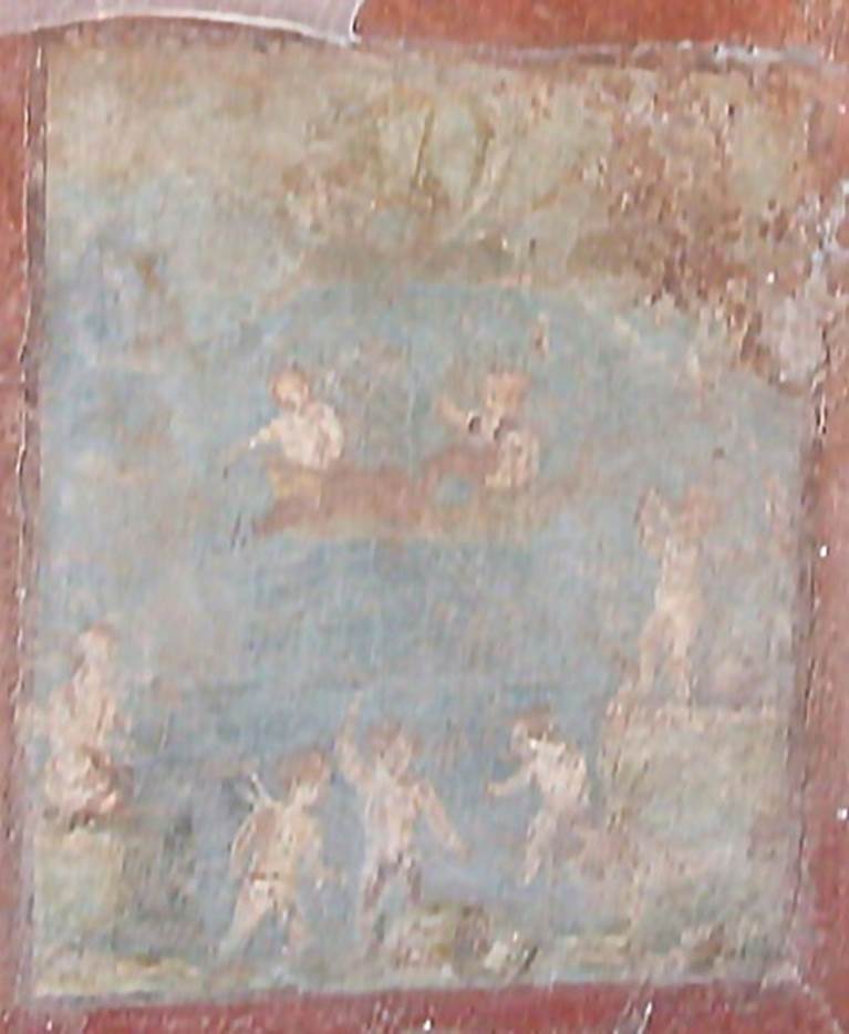 IX.5.14 Pompeii. May 2005. Room “c”, north wall of cubiculum on north side of entrance corridor.
Wall painting of Venus with fishing cupids.