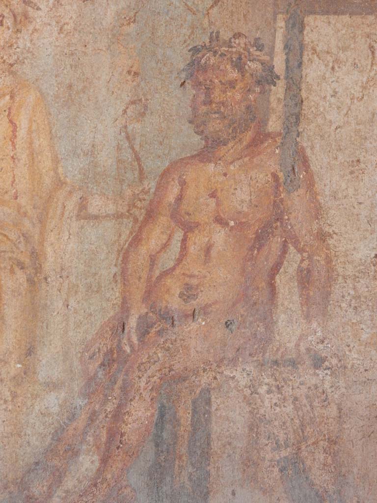 IX.5.14 Pompeii. June 2019. Cubiculum “g”, on south side of entrance doorway.
Detail of Hercules, from wall painting of Hercules and Omphale, 
found in centre of north wall. Photo courtesy of Buzz Ferebee.