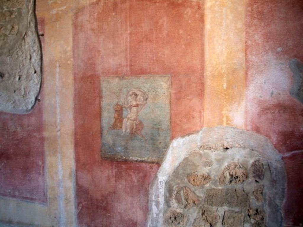 IX.5.14 Pompeii. May 2005. Cubiculum “g”, south wall. Wall painting of Europa on side of bull, found on south wall of cubiculum “g” on south side of entrance doorway.
See Sogliano, A., 1879. Le pitture murali campane scoverte negli anni 1867-79. Napoli: (p.23, no.81) 
See Bragantini, de Vos, Badoni, 1986. Pitture e Pavimenti di Pompei, Parte 3. Rome: ICCD. (p.483)