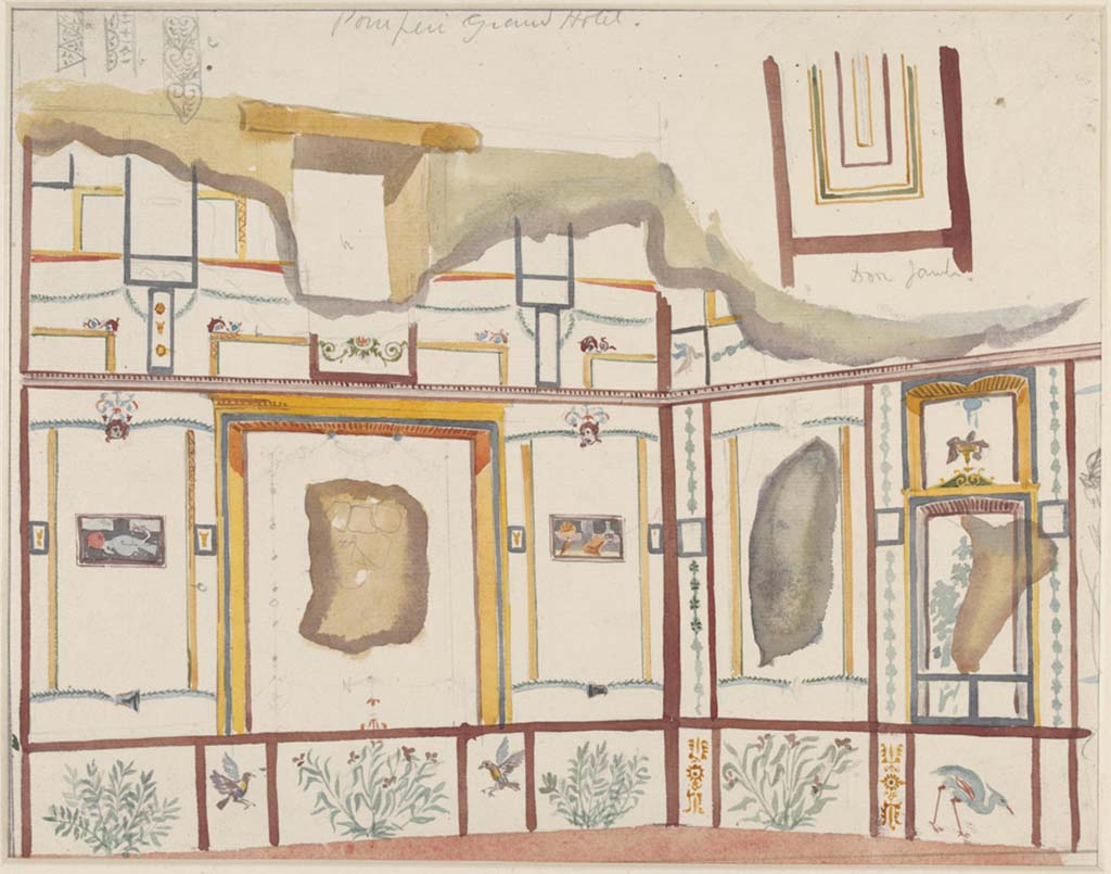 IX.5.16 Pompeii. c.1879. Painting by Sydney Vacher, showing details of ala c’.
Looking towards east wall with window overlooking roadway, south-east corner, and part of south wall. 
The “still-life” painting of food and drink below, can be seen in the centre of the panel at the south end of the east wall.
At the left of the painting is a panel with an apple and a dead dove as described by Schefold.
See Schefold, K., 1957. Die Wände Pompejis. Berlin: De Gruyter, p. 261. 
Photo © Victoria and Albert Museum, inventory number E.4392-1910. 
(Note: this was described as “Pompeii Grand Hotel” on the painting).