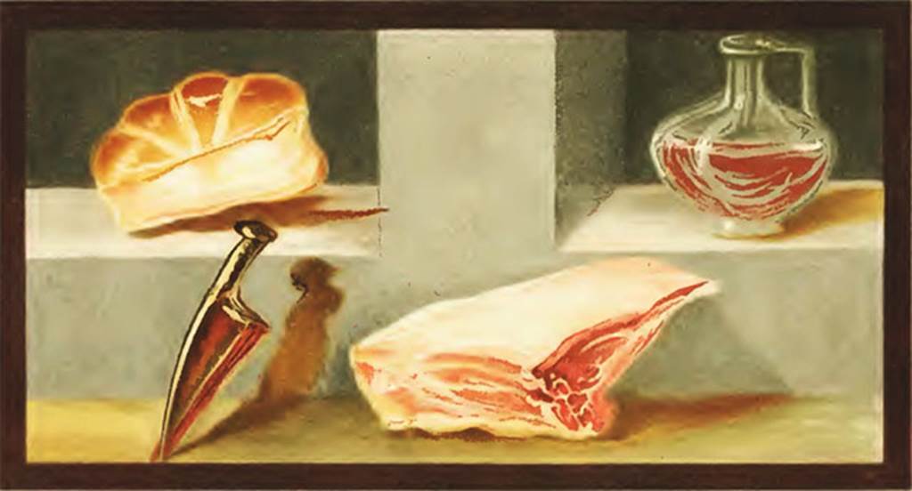 IX.5.16 Pompeii. 1881. Copy of a still life painting found in the ala c’.
According to Presuhn, the best piece of beef, fresh bread and dark red wine
invite the guests to feast.
See Presuhn E., 1882. Pompeji: Die Neuesten Ausgrabungen  von 1874 bis 1881. Leipzig: Weigel. (VIII, p. 6, Plate VII).