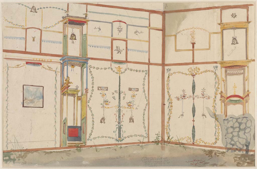 IX.5.16 Pompeii. April 1879. Painting by Sydney Vacher showing painted walls in Triclinium d’, completely faded now.  
Photo © Victoria and Albert Museum, inventory number E.4407-1910. 
(Note: We think this is a painting of part of the west and north wall of triclinium d’, which corresponds with the painting of the detail (below) of the wall decoration, which Vacher described as from “Grand Hotel, Pompeii”.)
Schefold describes: Triclinium l. of which: In the landscapes in the middle of the fields; one with a harbour, another with a sacred tree, weapons, armed Herm (Isis as goddess of war) Sogliano 763; furthermore still life with fruits, slaughtered birds. The Vespasian decoration faded except for the mask in the middle of the upper wall. N-wall divided into two parts.
See Schefold, K., 1957. Die Wände Pompejis. Berlin: De Gruyter, p. 261-2. 
See Sogliano, A., 1879. Le pitture murali campane scoverte negli anni 1867-79. Napoli: Giannini, p. 152 no. 763. 
In PPM, there is a photo of the west end of the North Wall, which would appear to show the part of the painted candelabra, a hanging horn, and part of the damaged plaster-work (matching the painting above).
They say "We are still miraculously able to see the candlesticks with scrolls, from which hang drinking horns".  
See Carratelli, G. P., 1990-2003. Pompei: Pitture e Mosaici, Vol. IX. Roma: Istituto della enciclopedia italiana, p. 657, no.94.