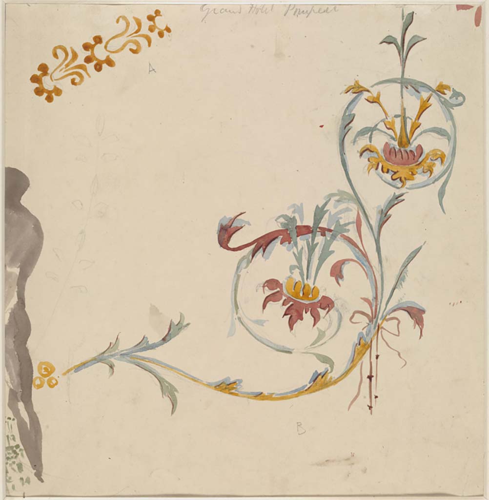 IX.5.16 Pompeii. c.1879. Painting by Sydney Vacher titled Grand Hotel Pompeii, showing detail of wall painting. 
Photo © Victoria and Albert Museum, inventory number E.4391-1910.