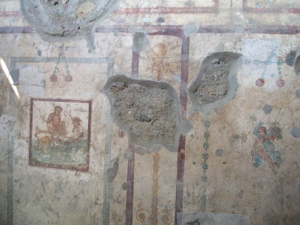 IX.5.16 Pompeii. May 2005. Cubiculum f’, on west side of atrium. 
Central wall paintings on west wall, candelabra in panel between, together with flying cupid, at north end.