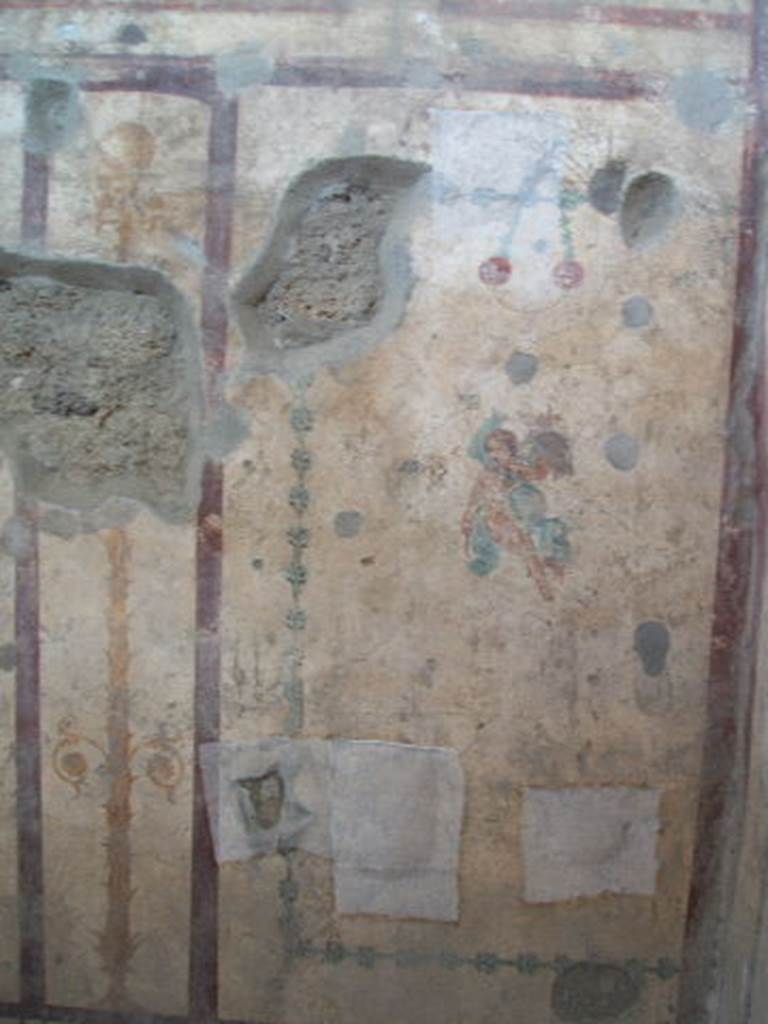 IX.5.16 Pompeii. May 2005. 
West wall in cubiculum f’. North end of west wall with a flying cupid with a cornucopia.