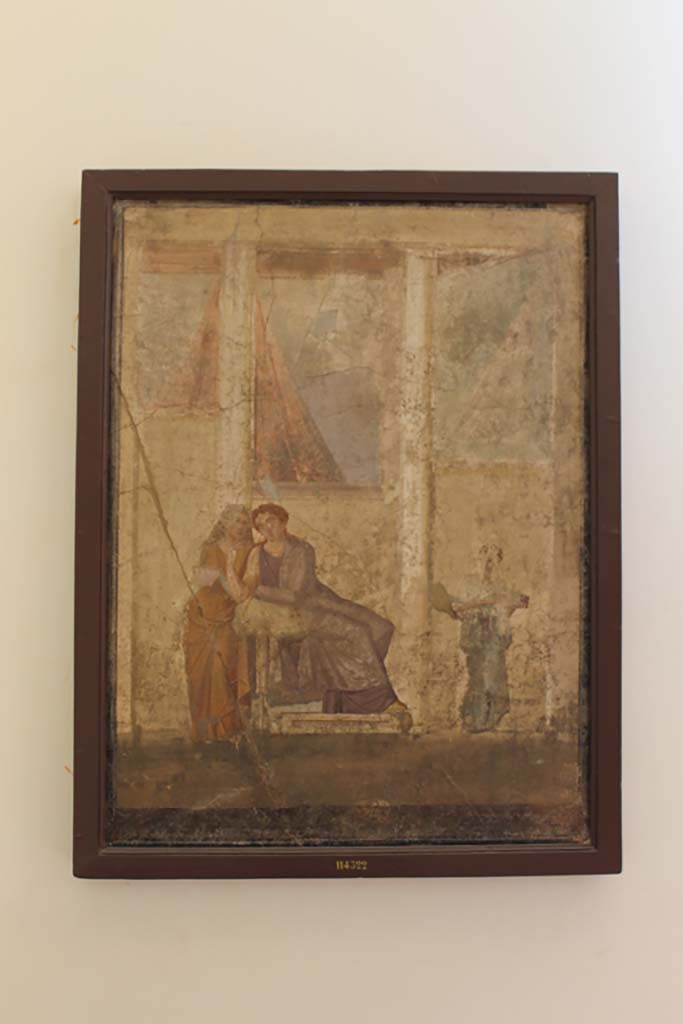 IX.5.18 Pompeii. July 2017. 
Room “e”, south wall of cubiculum, second room in south-west corner. 
Wall painting of Phaedra handing the nurse the letter that will lead to the death of her stepson Hippolytus.
Now in Naples Archaeological Museum. Inventory number 114322.
Foto Annette Haug, ERC Grant 681269 DÉCOR.