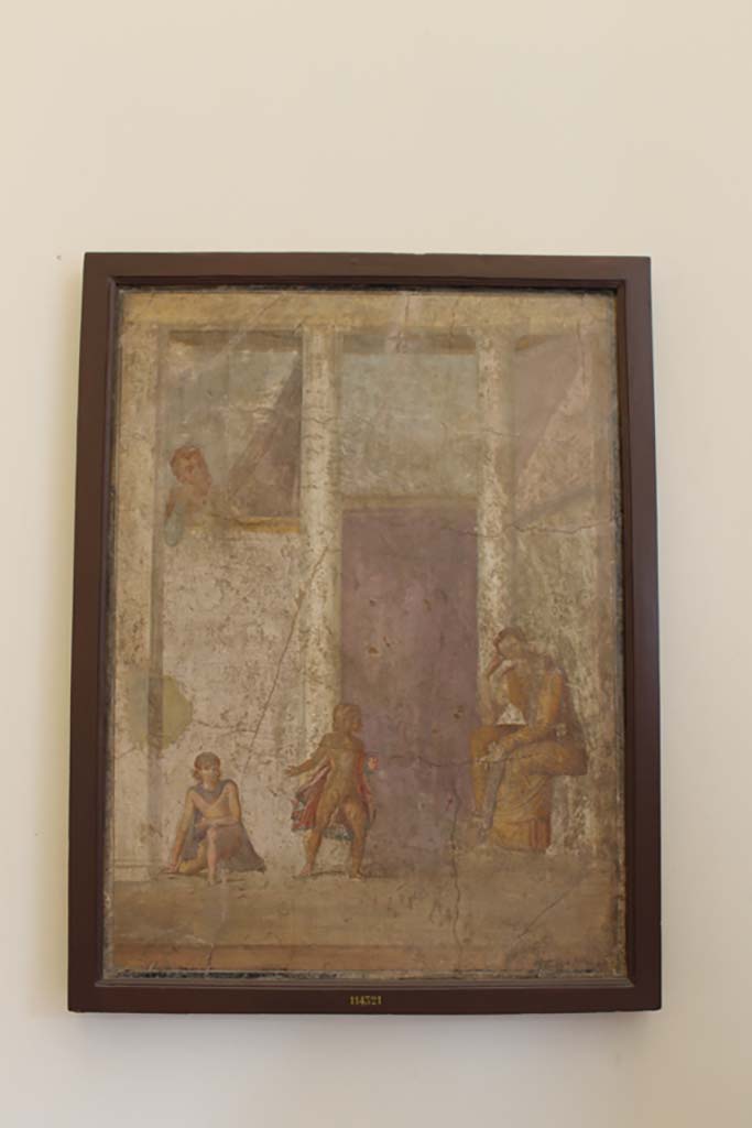 IX.5.18 Pompeii. July 2017. 
Room “e”, west wall of cubiculum, second room in south-west corner. 
Wall painting of Medea sitting contemplating killing her children who play nearby.
Now in Naples Archaeological Museum. Inventory number 114321.
Foto Annette Haug, ERC Grant 681269 DÉCOR.