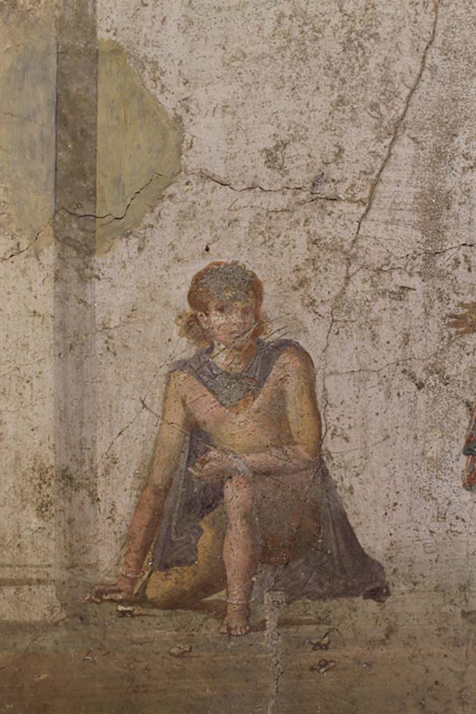 IX.5.18 Pompeii. July 2017. 
Room “e”, detail from painting on west wall of cubiculum, second room in south-west corner. 
Now in Naples Archaeological Museum. Inventory number 114321.
Foto Annette Haug, ERC Grant 681269 DÉCOR.