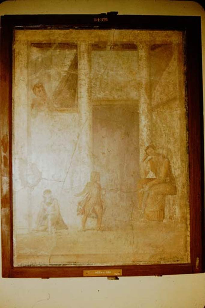 IX.5.18 Pompeii. 1957. Room “e”, west wall of cubiculum, second room in south-west corner.  Wall painting of Medea sitting contemplating killing her children who play nearby. Now in Naples Archaeological Museum. Inventory number: 114321. Photo by Stanley A. Jashemski.
Source: The Wilhelmina and Stanley A. Jashemski archive in the University of Maryland Library, Special Collections (See collection page) and made available under the Creative Commons Attribution-Non Commercial License v.4. See Licence and use details. J57f0507