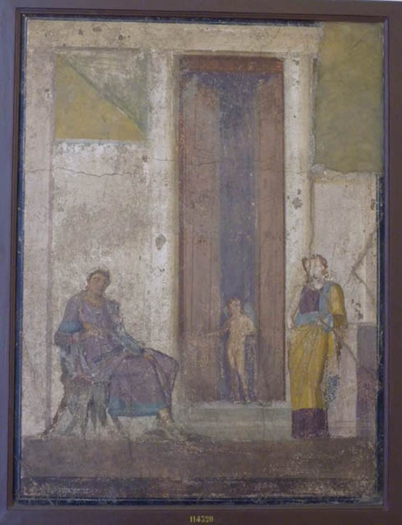 IX.5.18 Pompeii. May 2005. Room “e”, north wall of cubiculum, second room in south-west corner. 
Wall painting of seated Paris waiting for the prize promised by Aphrodite. 
Now in Naples Archaeological Museum. Inventory number 114320.