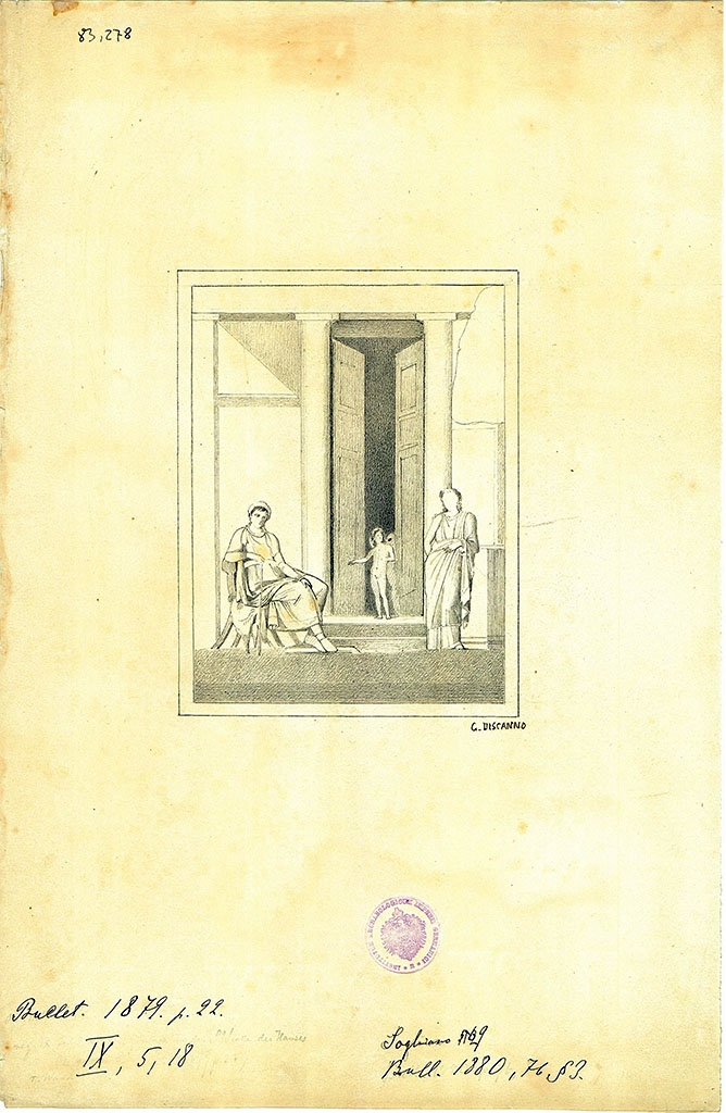 IX.5.18 Pompeii. Room “e”, north wall of cubiculum, second room in south-west corner. 
Drawing by G. Discanno of wall painting of seated Paris waiting for the prize promised by Aphrodite. 
DAIR 83.278. Photo © Deutsches Archäologisches Institut, Abteilung Rom, Arkiv.