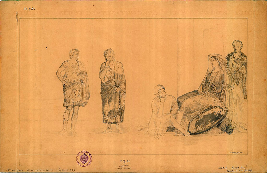 IX.5.18 Pompeii. 1879. Room “f”, south wall of triclinium. 
Drawing by A. Sikkard showing detail of painting of Phoenix and Polyxena.
DAIR 83.280. Photo © Deutsches Archäologisches Institut, Abteilung Rom, Arkiv.