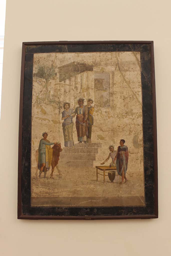 IX.5.18 Pompeii. July 2017. Room “f”, west wall of triclinium. Wall painting of Jason and Pelias. 
Now in Naples Archaeological Museum. Inventory number 111436.
Foto Annette Haug, ERC Grant 681269 DÉCOR.