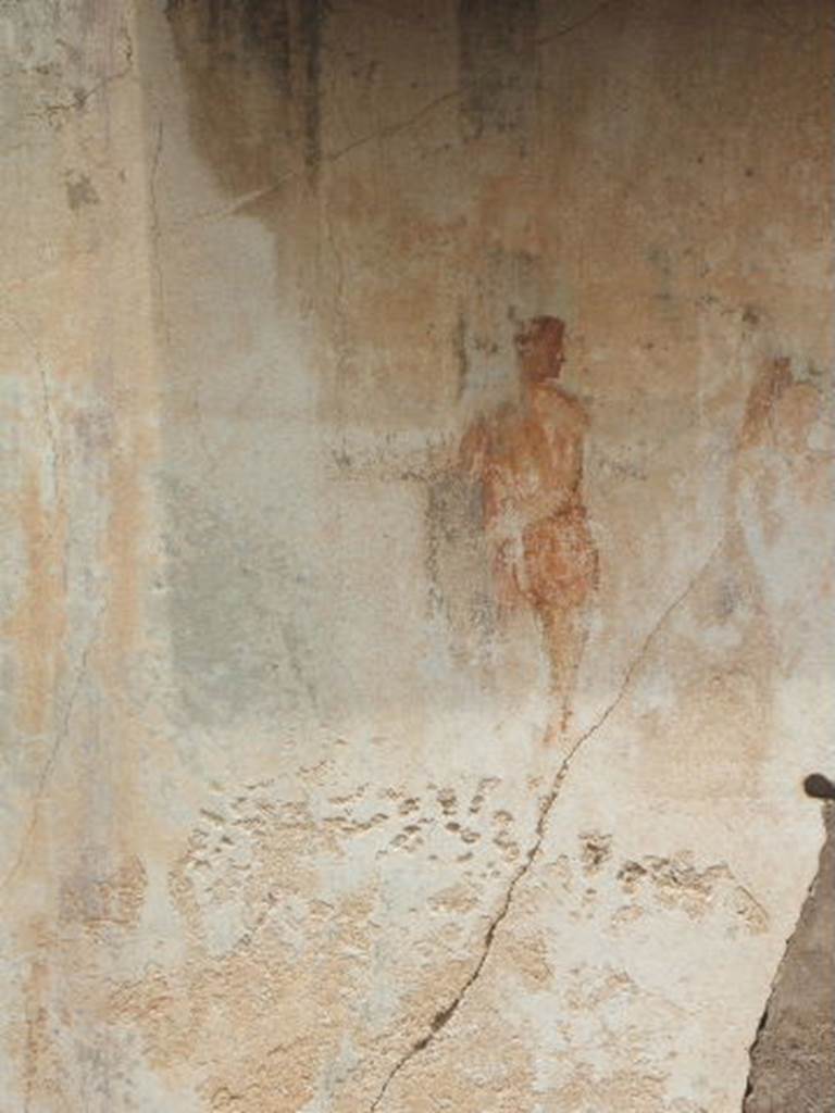 IX.5.18 Pompeii.  May 2005. Room f.   North wall of Triclinium.  Wall painting of Pentheus and Dionysus.  See Schefold, K., 1962. Vergessenes Pompeji. Bern: Francke. (T. 53,1-2).