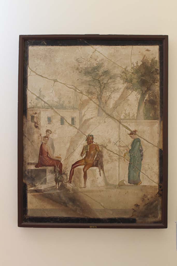 IX.5.18 Pompeii. July 2017. 
Room “g”, south wall of cubiculum. Wall painting of Pan and the Nymphs.
Now in Naples Archaeological Museum. Inventory number 111473.
Foto Annette Haug, ERC Grant 681269 DÉCOR.