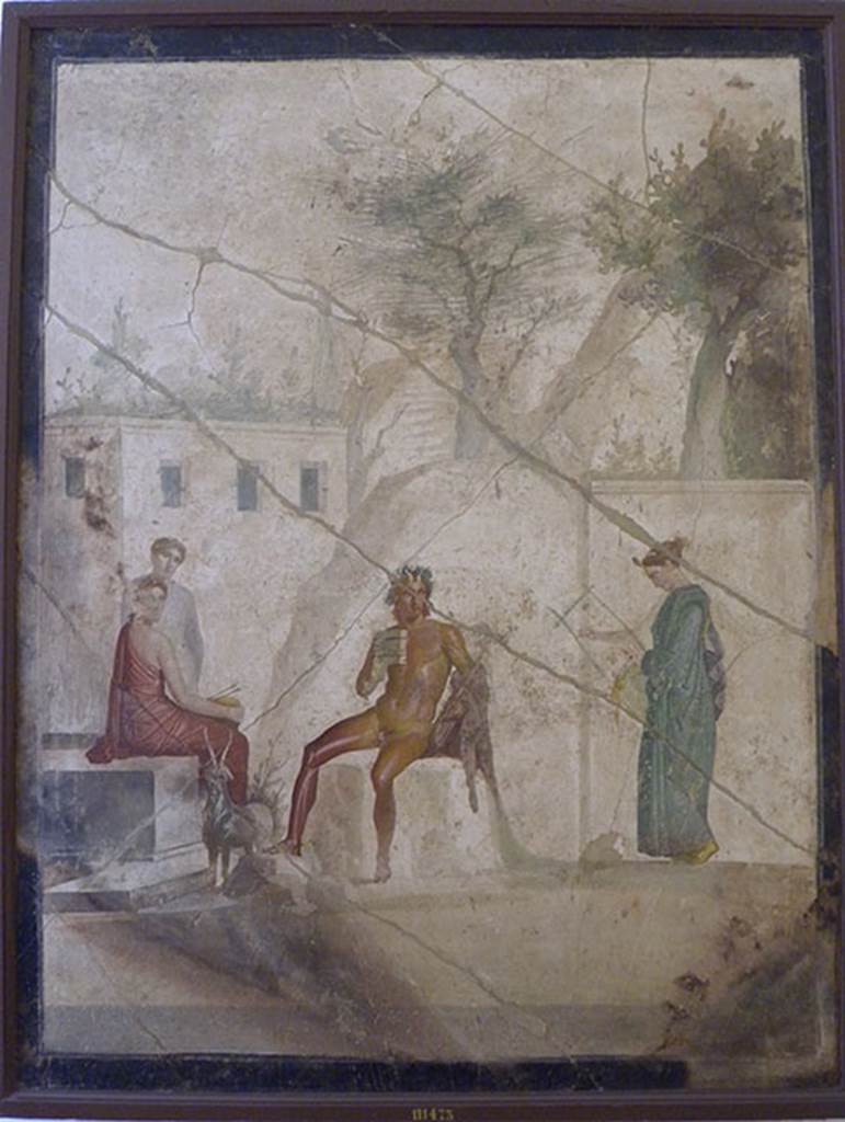 IX.5.18 Pompeii. March 2009. Room “g”, south wall of cubiculum. 
Wall painting of Pan and the Nymphs.
Now in Naples Archaeological Museum. Inventory number: 111473.