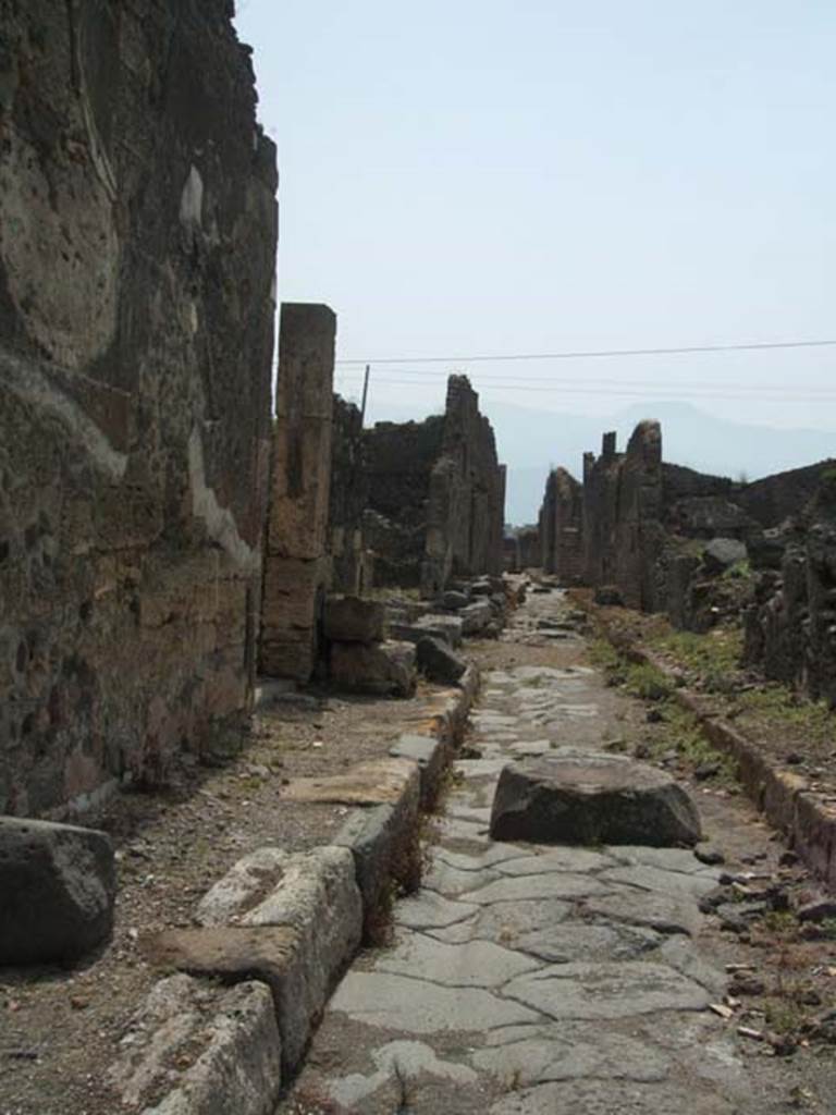 IX.6.5 Pompeii. May 2005. Vicolo di Tesmo, looking south. 
The exterior west wall of IX.6.5 can be seen on the left.
The remains of the exterior wall of IX.6.4 can be seen in the centre of the photo.
IX.3 can be seen on the right.
According to Garcia y Garcia, during the night bombing of 16th September 1943, various rooms in IX.6.4 were hit by a bomb.  
The pavement and street outside were also damaged. 
See Garcia y Garcia, L., 2006. Danni di guerra a Pompei. Rome: L’Erma di Bretschneider. (p.153)