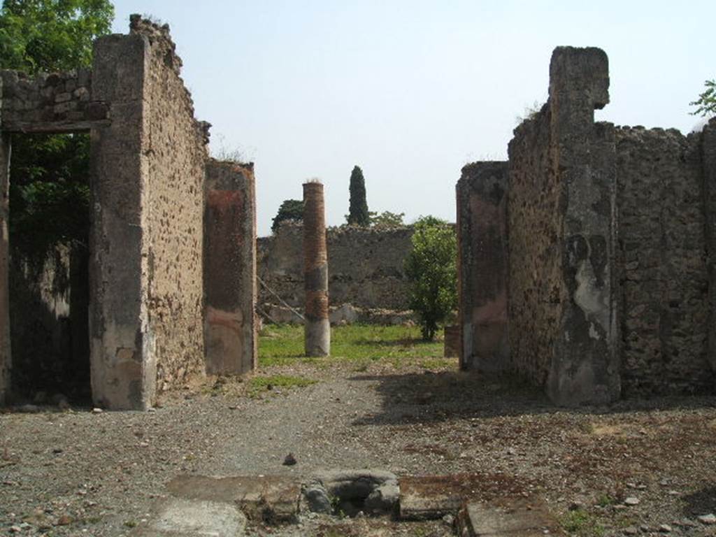 IX.6.5 Pompeii. May 2005. Looking east from atrium, across tablinum “g” towards peristyle 3.
The tablinum had been decorated in the IV style, and had a floor in Opus signinum with a net of meanders for the pattern.
The wall zoccolo had been black with one plant seen, and the middle zone of the wall had been painted red.
A statue of Venus Anadyomene was found in the tablinum on 8/10/1878.
Now in Naples Archaeological Museum.  Inventory number 111383.
See Marmora Pompeiana nel Museo Archeologico Nazionale di Napoli: Studi della SAP 26, page 176.