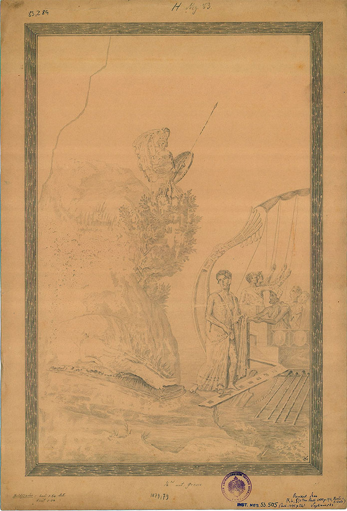 IX.6.d Pompeii. West wall of the atrium “c”. 1879 copy by Sikkard of painting of Theseus abandoning Ariadne. 
DAIR 83.289 and 53.505. Photo © Deutsches Archäologisches Institut, Abteilung Rom, Arkiv. 
According to Sogliano, Theseus, naked except for a purplish chlamys which descends along his back, has already put his left foot down on the gangplank, resting with one end on the shore and the other on the ship, and turning his gaze towards Ariadne, Theseus, naked except for a purple chlamys running down his back, has already placed his left foot on the table, resting with one end on the shore and the other on the ship, and turning his gaze towards Ariadne, he offers his left hand anxiously to the sailor, and with his right hand holds a flap of the chlamys upright, as if to cover the pubis.
See Sogliano, A., 1879. Le pitture murali campane scoverte negli anni 1867-79. Napoli: Giannini. N. 532.
