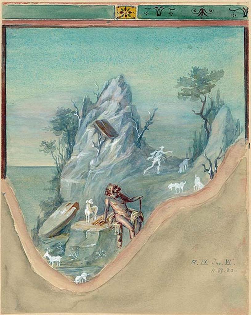 IX.6.d Pompeii. Atrium “c”, on the north side of the pilaster between rooms “a” and “b”. 
1880 water colour copy of painting of Polyphemus. 
DAIR 83.292. Photo © Deutsches Archäologisches Institut, Abteilung Rom, Arkiv. 
See http://arachne.uni-koeln.de/item/marbilder/5343189
See Sogliano, A., 1879. Le pitture murali campane scoverte negli anni 1867-79. Napoli: (p.78, nos.473)