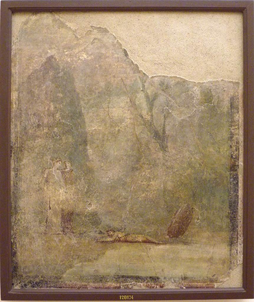 IX.6.d Pompeii. Wall painting of Daedalus and Icarus. 
According to Bragantini and Sampaolo, this was found in room “d” of IX.6.d. 
According to Schefold, it was found on the north wall of the room (d) east of the atrium.
According to Peters, it was taken from a Third Style room south-east of the atriolum.
As the painting had become so faded, he felt unable to discuss the landscape.
Now in Naples Archaeological Museum.  Inventory number 120174.
See Schefold, K., 1957. Die Wande Pompejis. Berlin: De Gruyter. (p.266).
See Schefold, K., 1962. Vergessenes Pompeji. Bern: Francke. (p.89, Taf 52,1). 
See Sogliano, A., 1879. Le pitture murali campane scoverte negli anni 1867-79. Napoli: (p.94, no.524).
See Bragantini, I and Sampaolo, V., Eds, 2009. La Pittura Pompeiana. Verona: Electa. (p. 337, Fig 152).
See Peters, W.J.T. (1963): Landscape in Romano-Campanian Mural Paintings.The Netherland, Van Gorcum & Comp. (p.80)