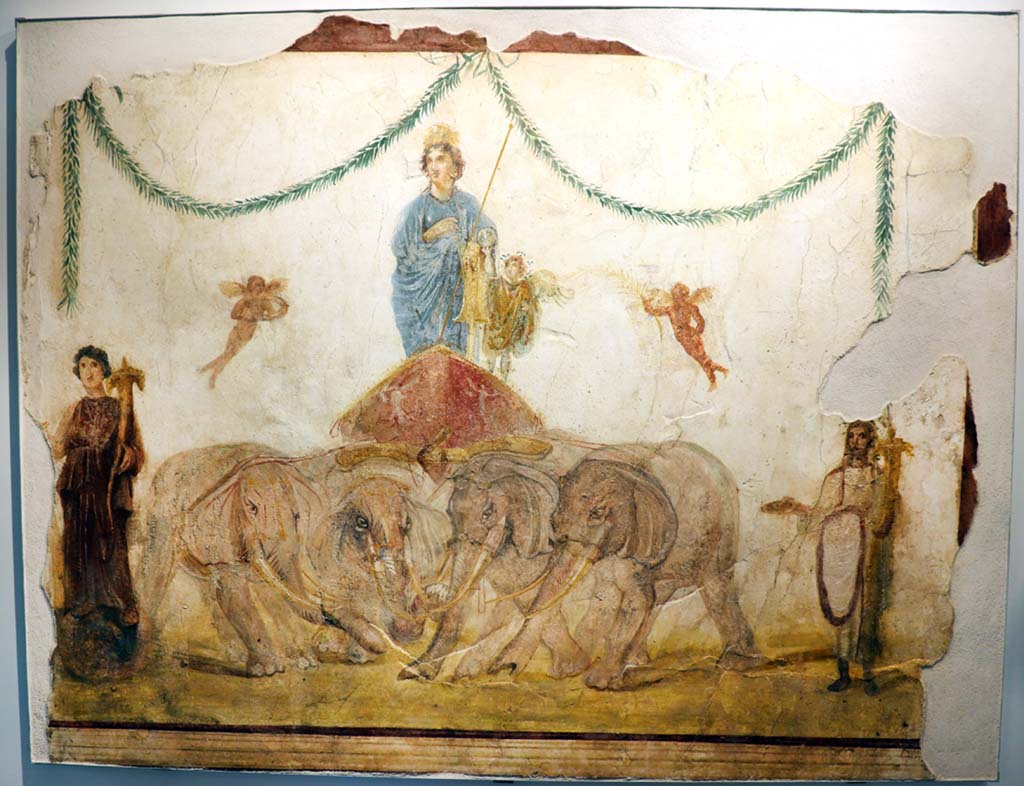 IX.7.6 Pompeii. February 2021. 
Fresco of Venus being pulled by elephants, outside House of Verecundus, between doorways IX.7.7 and IX.7.6. 
Photographed on display in Antiquarium, where it is located as being at IX.7.5.
Photo courtesy of Fabien Bièvre-Perrin (CC BY-NC-SA).