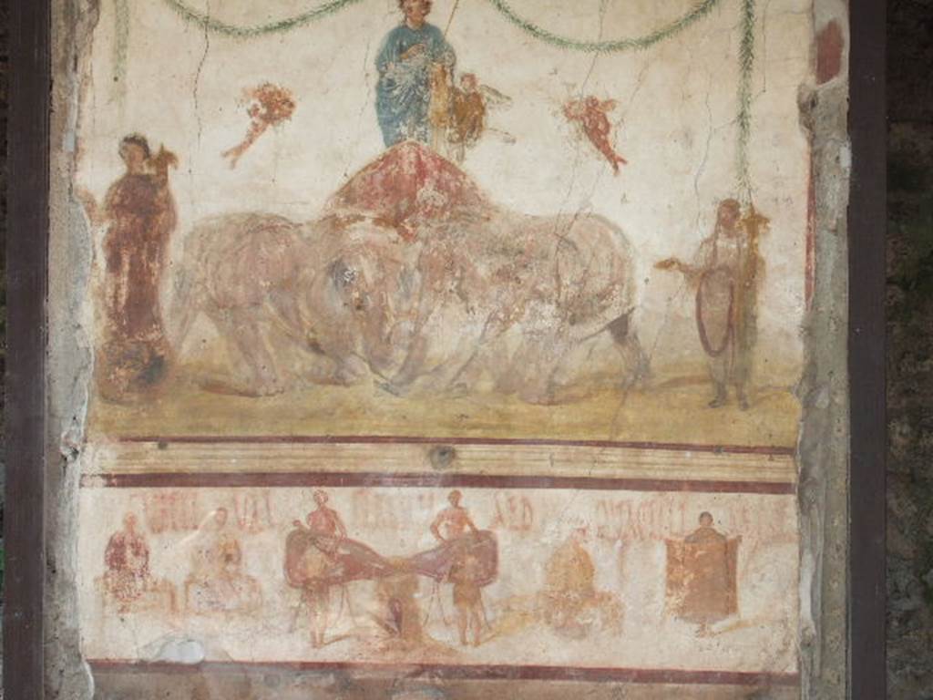 IX.7.6 Pompeii. May 2006. Fresco of Venus being pulled by elephants, 
outside House of Verecundus