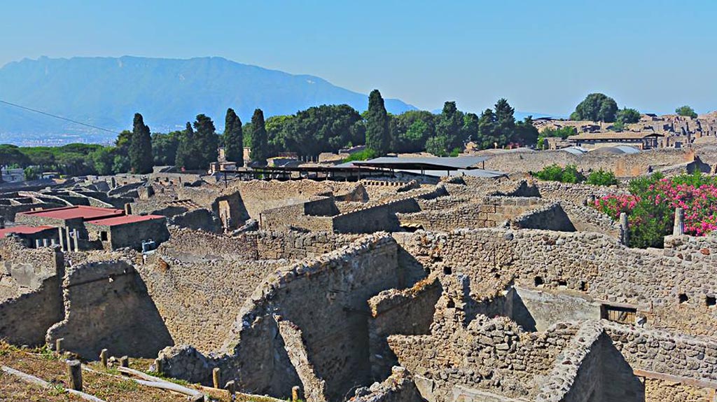 IX.7.14/15/16 Pompeii. 2015/2016. 
Looking south-west from Casina dell’Aquila towards east side of Vicolo di Tesmo, in lower photo. 
The garden area is on the left of the photo, between entrances at IX.7.14 and IX.7.15.
The rooms on the right are part of IX.7.16.  Photo courtesy of Giuseppe Ciaramella.
According to Boyce and Jashemski, a garden was excavated near here.
Whether it belonged to IX.7.12, 14, or 16 cannot be seen until further excavation.
See Boyce G. K., 1937. Corpus of the Lararia of Pompeii. Rome: MAAR 14. (p.89, no.445) 
According to Jashemski, she quoted the location as IX.7.12(?).
She said in the north-west corner of this partially excavated garden, at the left of the entrance, stood an aedicula lararium.
In front of the lararium was a small altar, and a lararium painting on the wall around the shrine.
Many marble sculptures decorated the garden.
See Jashemski, W. F., 1993. The Gardens of Pompeii, Volume II: Appendices. New York: Caratzas. (p.239)