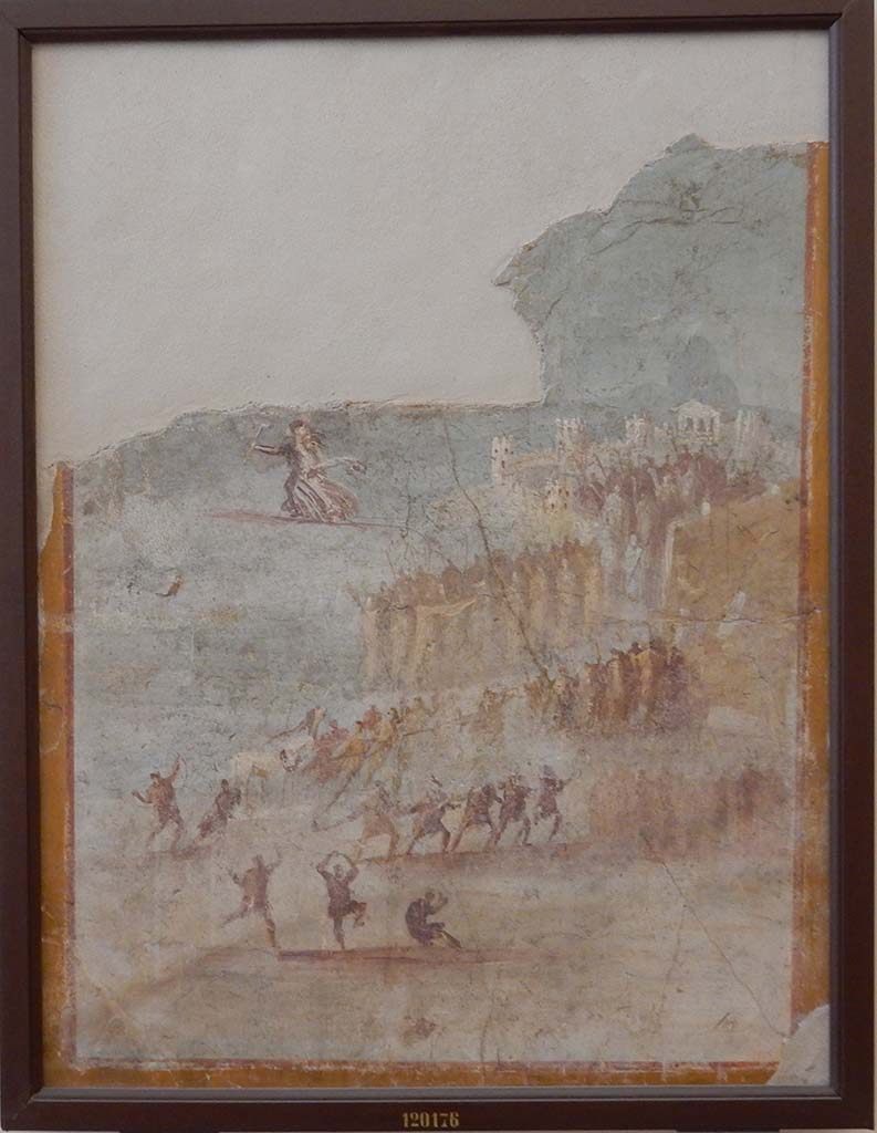 IX.7.16 Pompeii. Found on the west wall of the cubiculum on north side of entrance. 
Painting of the Trojan Horse. The Trojans dance happily and drag the wooden horse to the walls of Troy. 
They ignore the warnings of Cassandra who is seen withdrawing, carrying lighted torches.
Now in Naples Archaeological Museum. Inventory number 120176.
See Sampaolo V. and Bragantini I., Eds, 2009. La Pittura Pompeiana. Electa: Verona. (Page 345, Scheda 158).
See Schefold, K., 1957. Die Wände Pompejis. Berlin: De Gruyter. (page 268).
Photo courtesy of Buzz Ferebee.