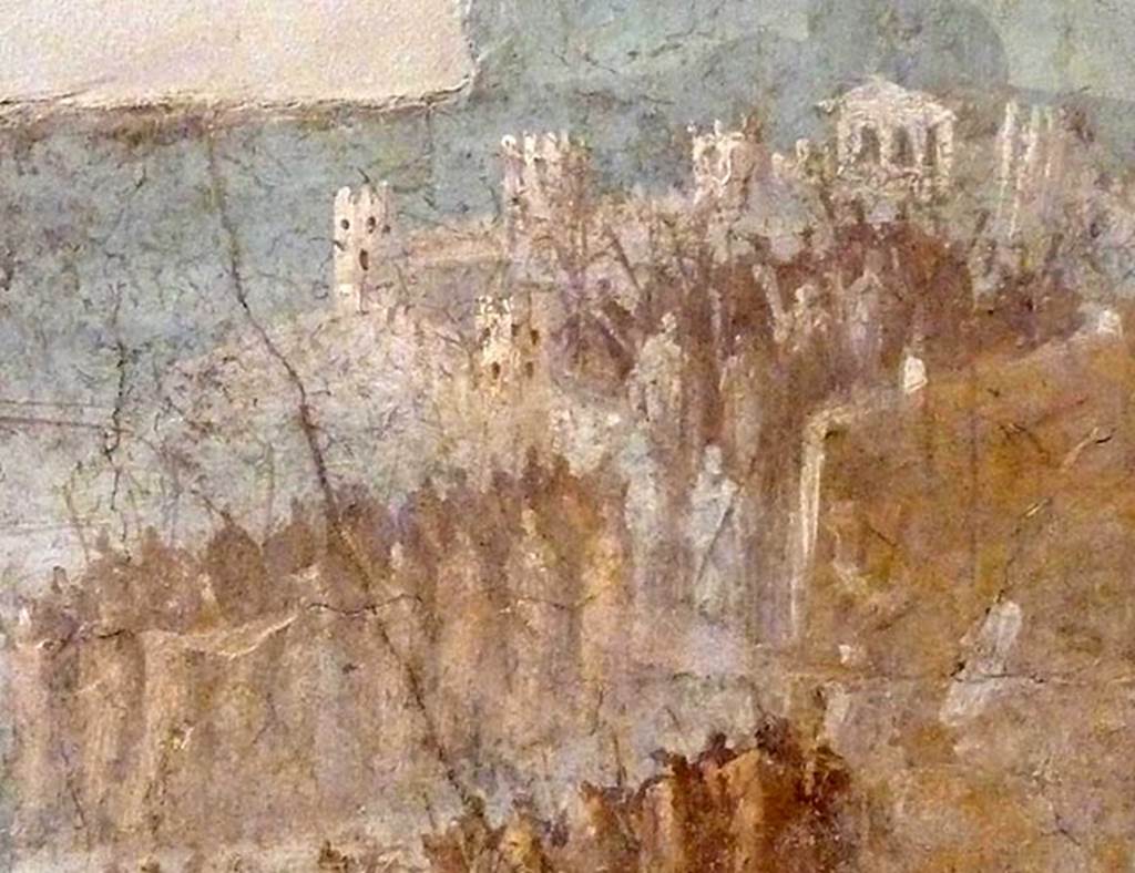 IX.7.16 Pompeii. Found on the west wall of the cubiculum on north side of entrance. 
Detail of painting of the Trojan Horse. Detail of the city of Troy.