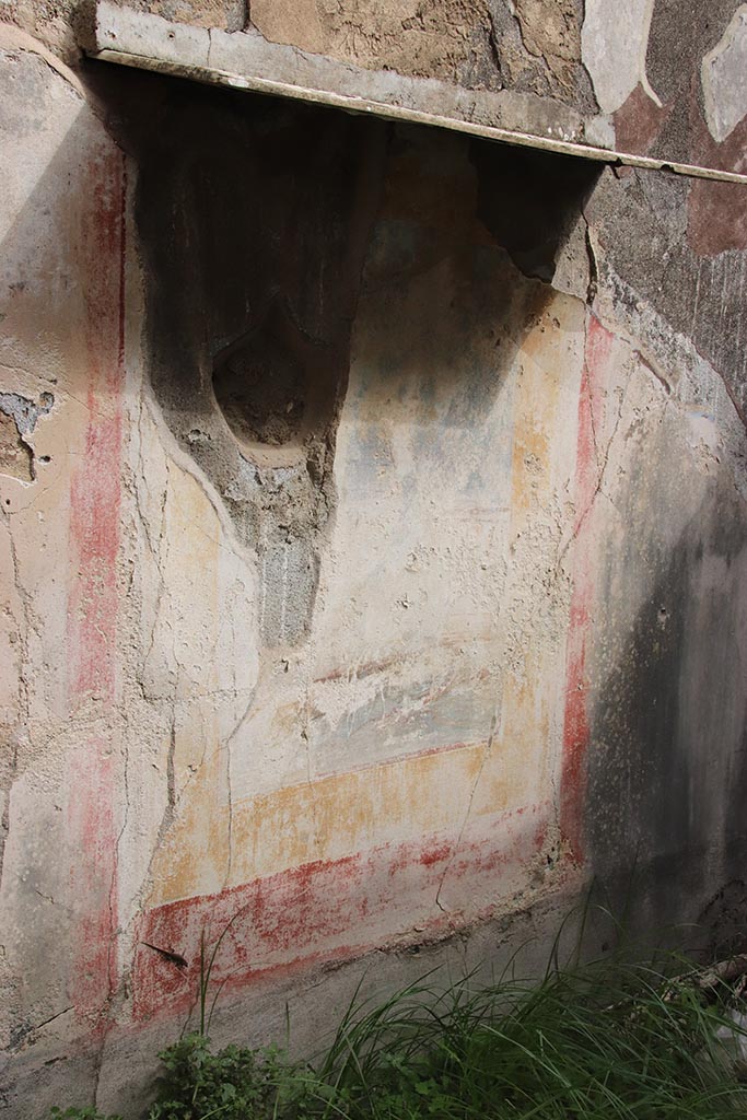 IX.7.16 Pompeii. October 2024. 
Room “b”, detail of remains of wall painting on east wall. Photo courtesy of Klaus Heese.