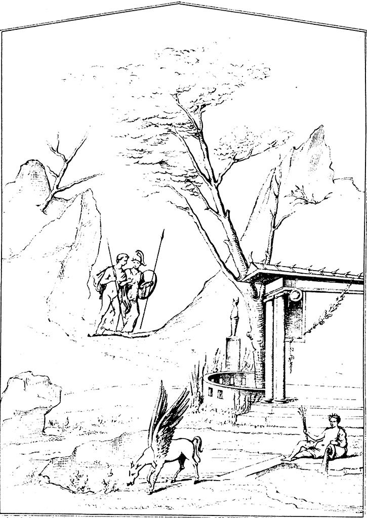 IX.7.16 Pompeii. May 2010. Triclinium, on south side of entrance, on the east wall.
Outline drawing of the painting of Bellerophon and Pegasus.
See Giornale degli Scavi, NS1, 1868 No 5, p. 117, Tav. VII,1.
See Reinach S., 1922. Répertoire de peintures grecques et romaines. Paris: Leroux. (p. 181, 5).
See Catalogue, 1989. Italienische Reise: Pompejanische Bilder in den deutschen archäologischen Sammlungen. Napoli: Bibliopolis. (p. 241-244, fig 83).
See Peters, W.J.T. (1963): Landscape in Romano-Campanian Mural Paintings. The Netherlands, Van Gorcum & Comp. (p.80  fig.66)
According to Mau, there were
on the entrance wall: Bellerophon going to find Pegasus: (Sogliano 520).
on the left wall: Daedalus and Icarus: (Sogliano 523).
on the rear wall: nearly destroyed: Selene and Endymion: Landscape with trees and to the left – a temple. (Sogliano 457: Helbig 942,).
See Mau, in Bullettino dell’Instituto di Corrispondenza Archeologica (DAIR), 1883, (p.130-1)
See Sogliano, A., 1879. Le pitture murali campane scoverte negli anni 1867-79. Napoli: Giannini. (nos. 520, 523 and 457).
See Helbig, W., 1868. Wandgemälde der vom Vesuv verschütteten Städte Campaniens. Leipzig: Breitkopf und Härtel. (no. 952).