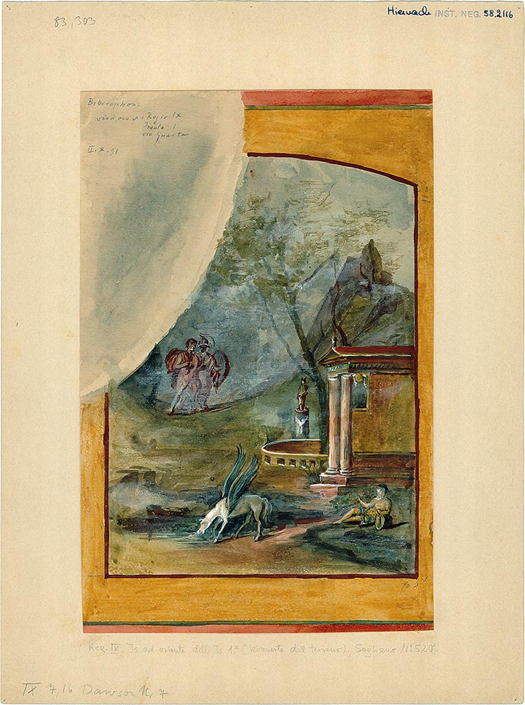 IX.7.16 Pompeii. Triclinium, on south side of entrance, on the east wall.
Copy of the painting of Bellerophon and Pegasus.
DAIR 83.303. Photo © Deutsches Archäologisches Institut, Abteilung Rom, Arkiv.