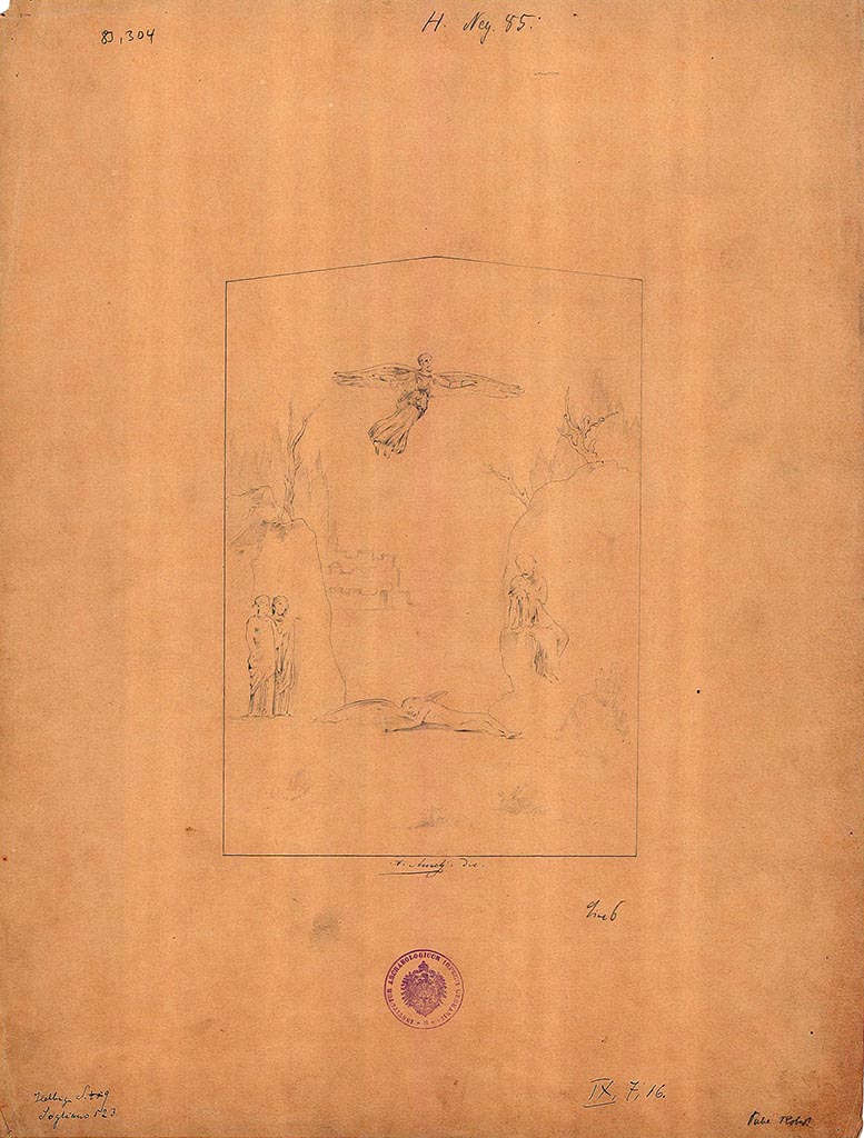 IX.7.16 Pompeii. Triclinium. Drawing by A. Aurelj of Daedalus and Icarus, found in 1867 on the south wall. 
DAIR 83.304. Photo © Deutsches Archäologisches Institut, Abteilung Rom, Arkiv. 
See Sogliano, A., 1879. Le pitture murali campane scoverte negli anni 1867-79. Napoli: Giannini. (no: 523).