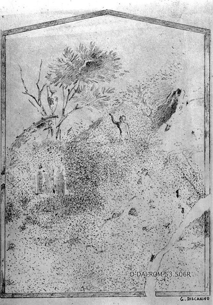 IX.7.16 Pompeii. Triclinium, found on the west wall in 1867, and then reburied.
Due to the bad state of the painting when found, it was recognised originally by Mau as Selene and Endymion (but most probably Diana and Acteon).
DAIR 83.305. Photo © Deutsches Archäologisches Institut, Abteilung Rom, Arkiv. 
See Sogliano, A., 1879. Le pitture murali campane scoverte negli anni 1867-79. Napoli: Giannini. (no: 457).
See Helbig, W., 1868. Wandgemälde der vom Vesuv verschütteten Städte Campaniens. Leipzig: Breitkopf und Härtel. (no: 952).
