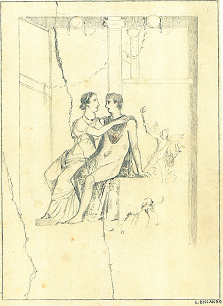 IX.7.16 Pompeii. West wall of cubiculum, drawing by Discanno.
Detail of drawing sometimes identified as Mars and Venus (Marte and Venere) or Dido and Aeneas (Enea).
DAIR 83.306. Photo © Deutsches Archäologisches Institut, Abteilung Rom, Arkiv.