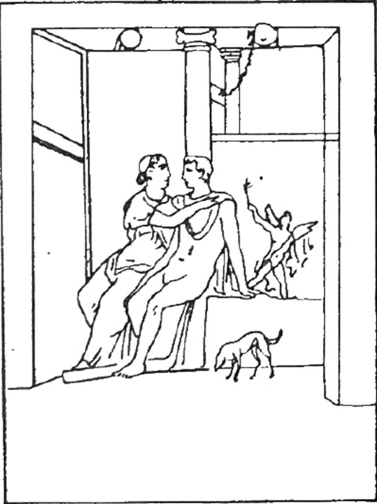 IX.7.16 Pompeii. May 2010. Cubiculum, west wall. Outline drawing of the painting of Aphrodite and Adonis or Mars and Venus.  See Reinach S., 1922. Répertoire de peintures grecques et romaines. Paris: Leroux. (p. 65,5).
See Schefold, K., 1962. Vergessenes Pompeji. Bern: Francke. (Taf 55,3).
See Helbig, W., 1868. Wandgemälde der vom Vesuv verschütteten Städte Campaniens. Leipzig: Breitkopf und Härtel. (323)