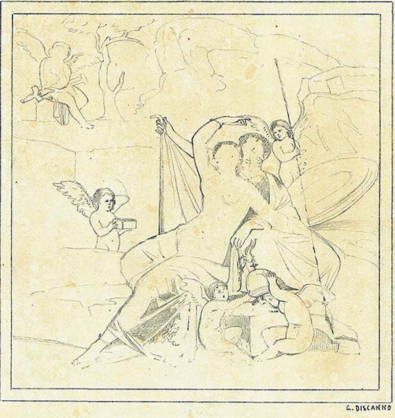 IX.7.20 Pompeii. Wall painting by Discanno from east wall of room (i).
Painting showing Ares and Aphrodite or Mars and Venus, surrounded by cupids.
DAIR 83.309. Photo © Deutsches Archäologisches Institut, Abteilung Rom, Arkiv.