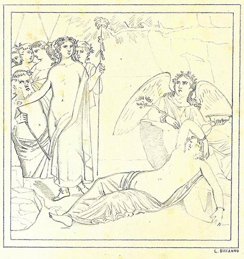 IX.7.20 Pompeii. 19th century drawing by Discanno of wall painting from south wall of room (i).
Painting showing Dionysus discovering Ariadne.
DAIR 83.310. Photo © Deutsches Archäologisches Institut, Abteilung Rom, Arkiv. 
Kuivalainen describes –
“A composition of at least nine figures……………………..”
Kuivalainen comments –
“Another type of composition, divided into two halves by Bacchus’ upright thyrsus. The one on the right is filled with Ariadne and Hypnus, who is looking worried at the crowd of the entering thiasus on the left half.”
See Kuivalainen, I., 2021. The Portrayal of Pompeian Bacchus. Commentationes Humanarum Litterarum 140. Helsinki: Finnish Society of Sciences and Letters, (p.153, E16).