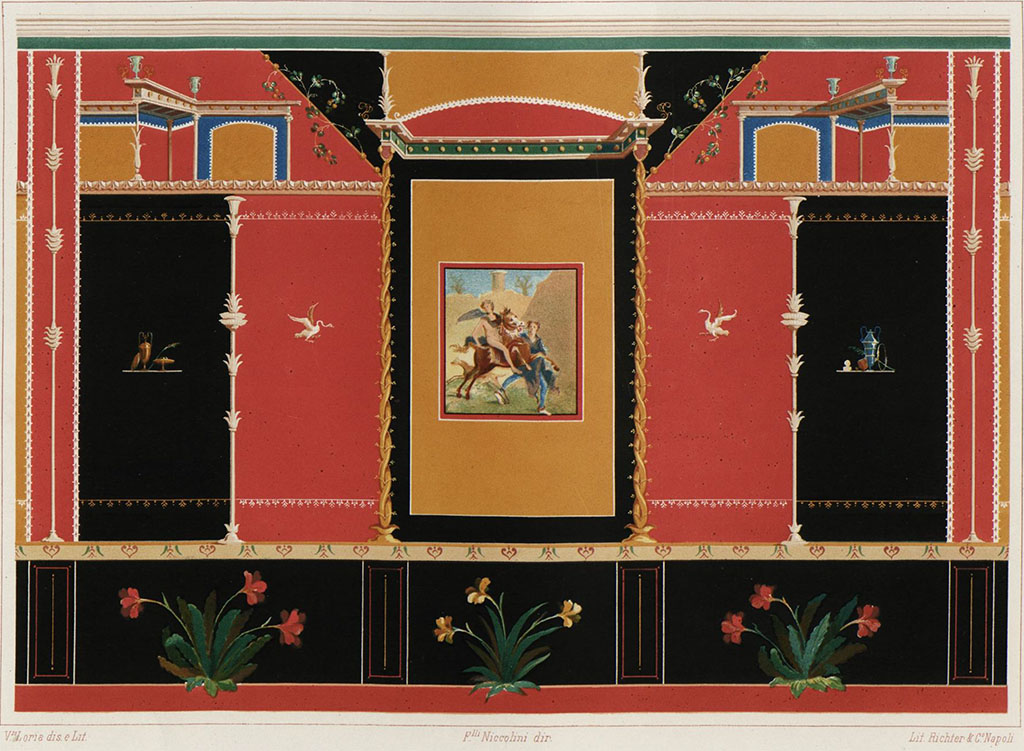 IX.7.20 Pompeii. Room (i), reproduction by V. Loria of west wall.
See Niccolini F, 1890. Le case ed i monumenti di Pompei: Volume Terzo. Napoli, Isola VII Regione IX, Tav. II.