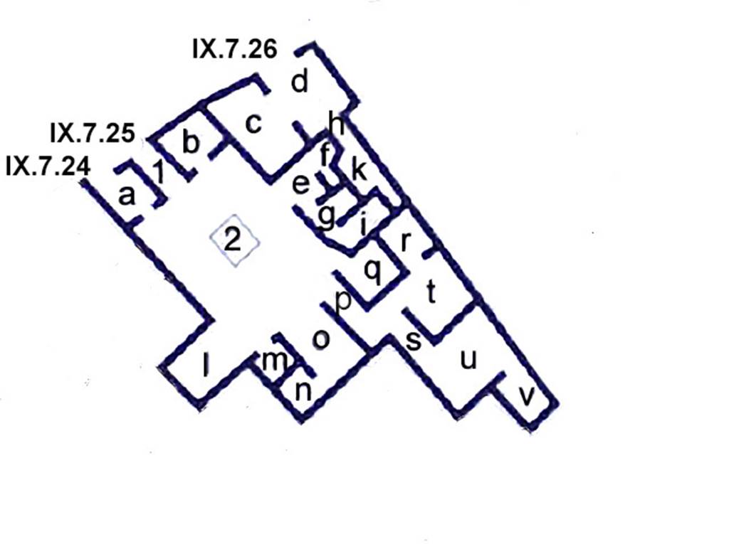 IX.7.24 Pompeii. Combined plan of IX.7.24, IX.7.25 and IX.7.26. Based on plan in PPM.
See Carratelli, G. P., 1990-2003. Pompei: Pitture e Mosaici.  Roma: Istituto della enciclopedia italiana, Vol. IX, p. 870.